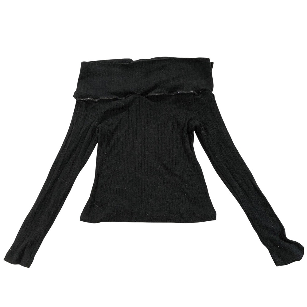 Women's Off Shoulder Ribbed Knit Top Size Medium Black Long Sleeve Shimmer K48